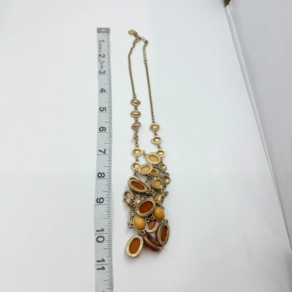 Vintage Amber & Yellow Cabochon Gold Tone Layered Bib Necklace